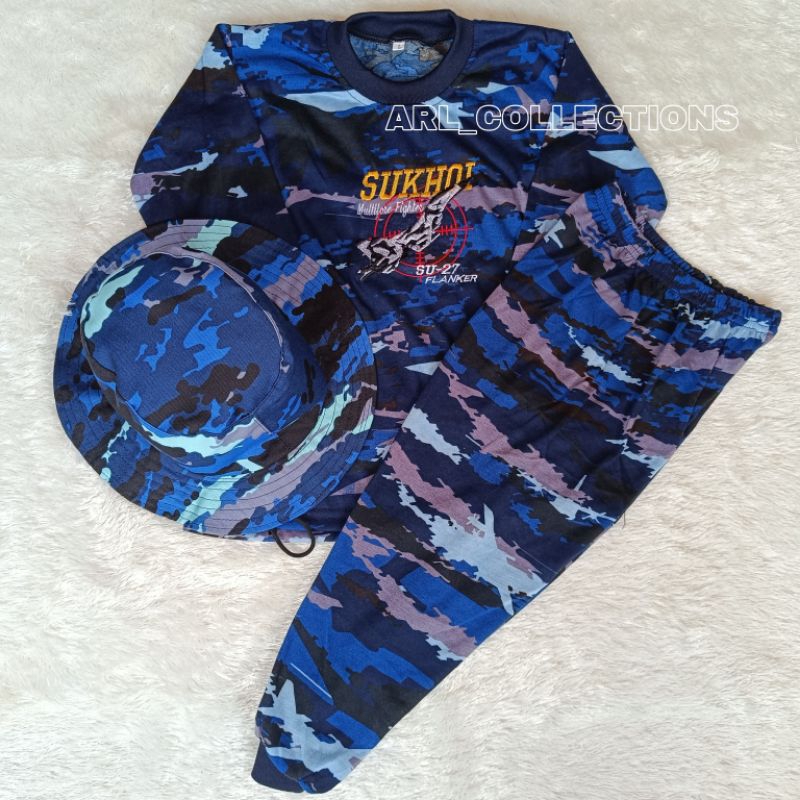 setelan kaos anak loreng tni au lengan panjang plus topi rimba baju kids army satu set