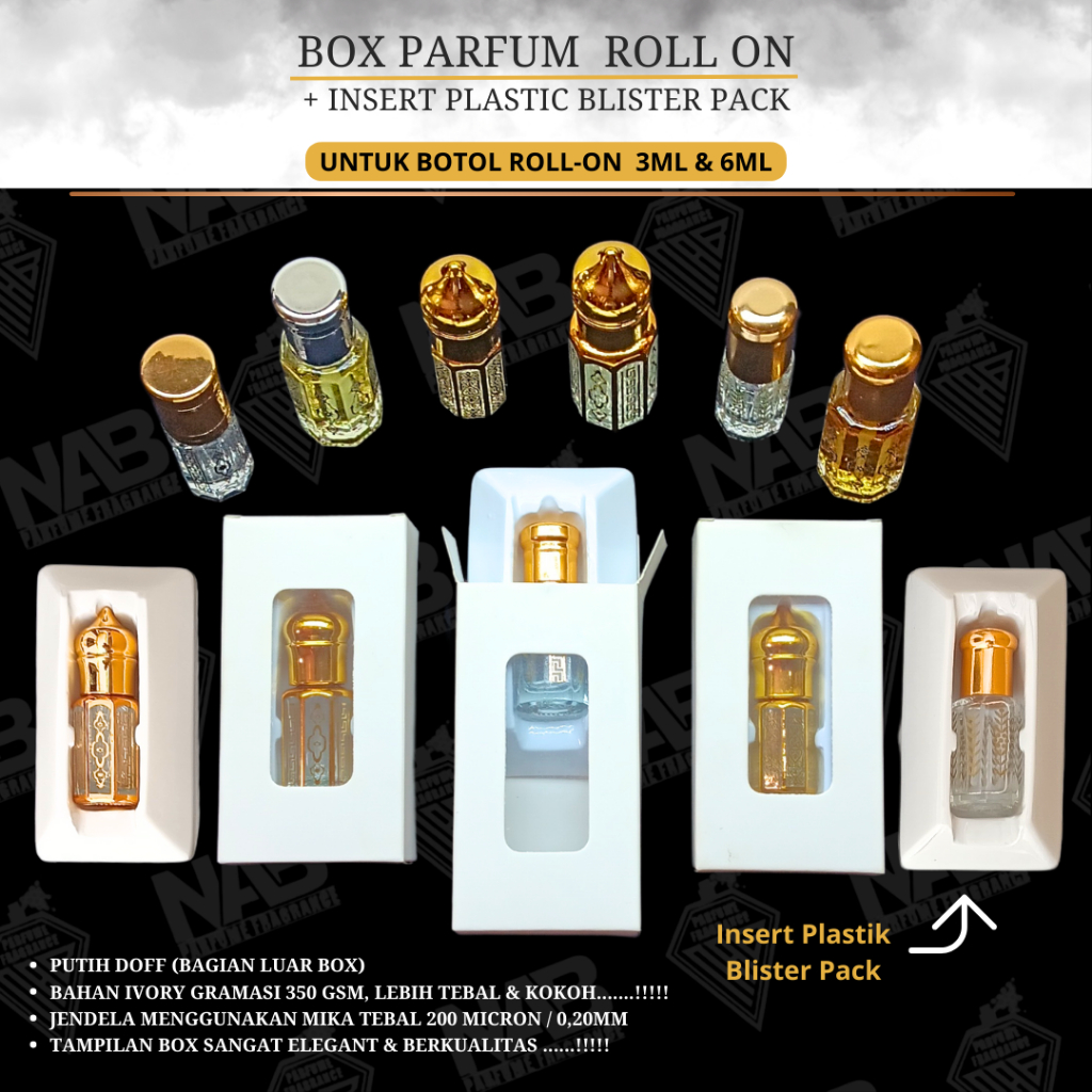 

10 PCS _ BOX PARFUM TOLA ROLL ON / STICK 3ML & 6ML MEWAH + INSERT PLASTIC PUTIH PACK / DUS PARFUM ROLL ON / STICK 3ML & 6ML ISI 10 PCS