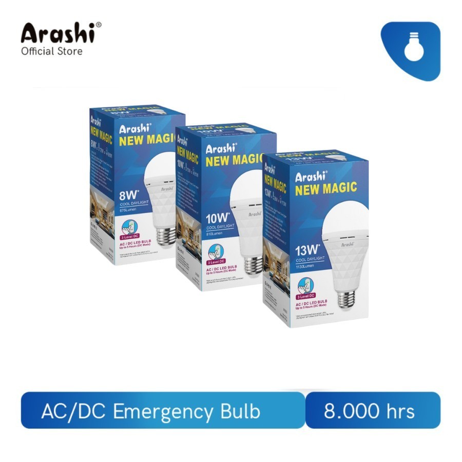 Lampu Emergency LED Arashi New Magic 8W/10W/13W CDL 3 Mode DC/ Bohlam Emergency/ Lampu Bohlam LED Ma