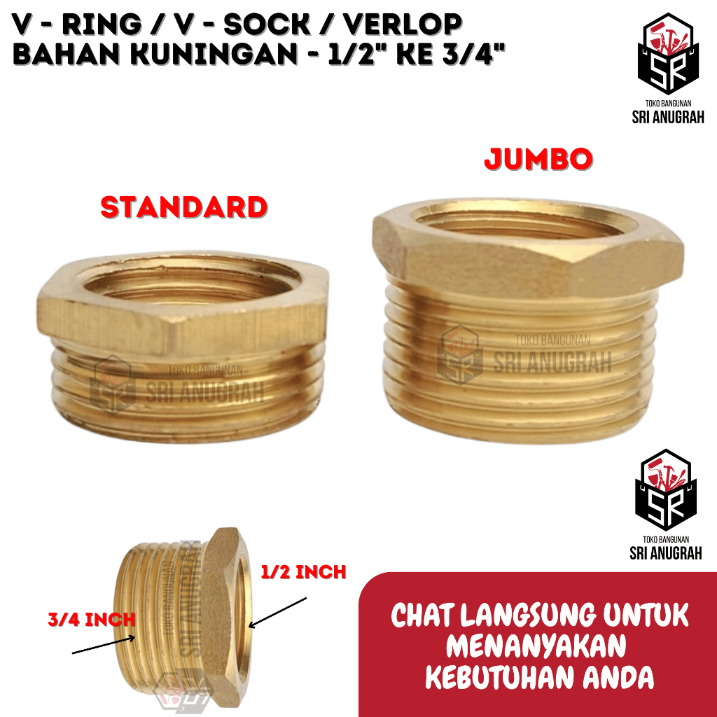 V Ring V Sock Verlopp Vsock Vring Bahan Kuningan Drat Luar Dalam 1/2" x 3/4"