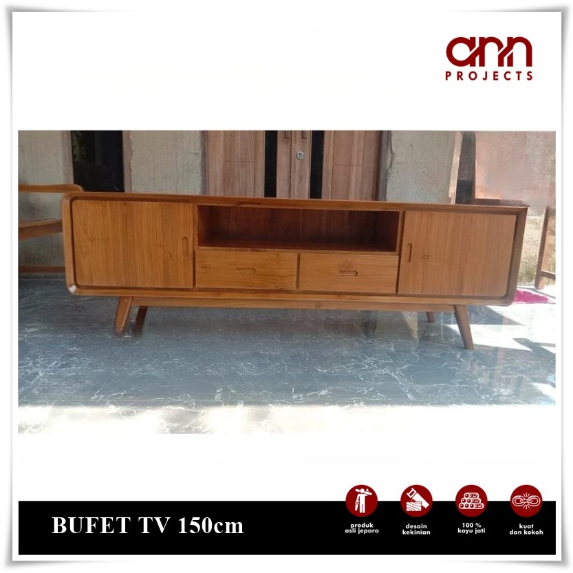 Bufet Meja TV Minimalis Furniture Jepara Retro Kayu Jati 2 Pintu 2 Laci