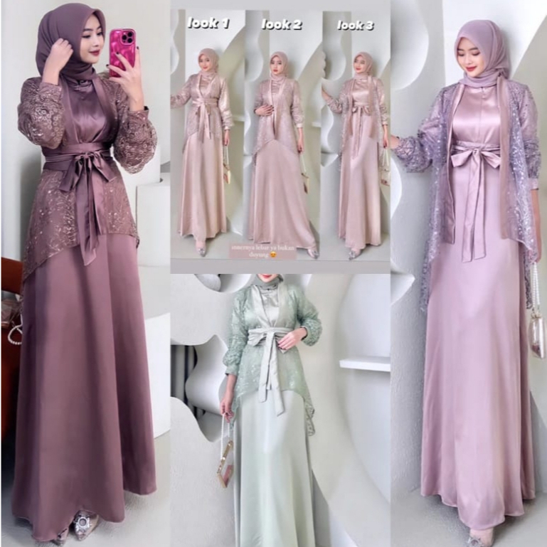 Veloxa Dress Fuji Dress Set Inner Outer Lepas Tile Bordir Motif Ikat Pinggang Lepas Panjang Gamis Br
