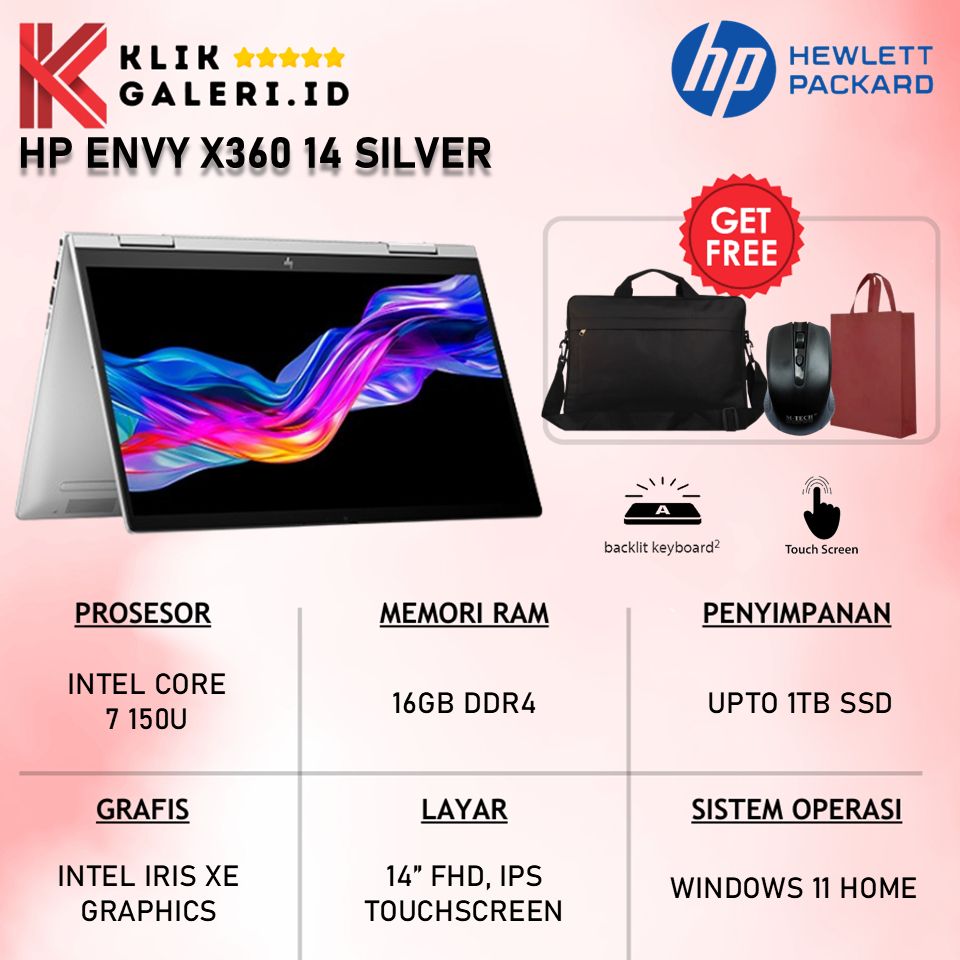 Laptop HP Envy X360 14 Intel Core 7 150U RAM 16GB 1TB SSD Layar 14 Inch Touchscreen X360