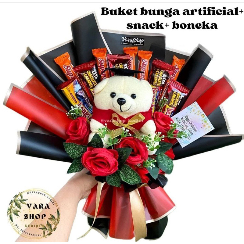 

Buket boneka mix jajan dan bunga artificial - buket boneka snack