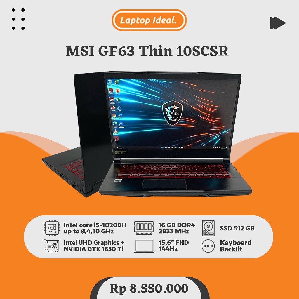 MSI GF63 Thin 10SCSR (2021) GAMING i5 Gen 10 RAM 16 GB SSD 512 GB NVIDIA RTX 3060 6GB BACKLIT FHD 14