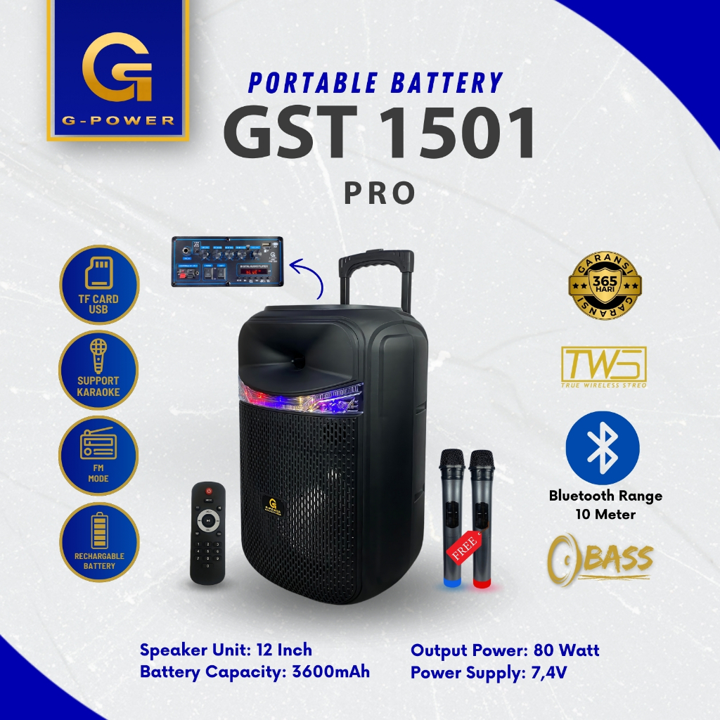 G-POWER Speaker Gst-1501 Pro 15" Portable Battery Speaker Bluetooth Extra Bass Free 2 Microphone Wir