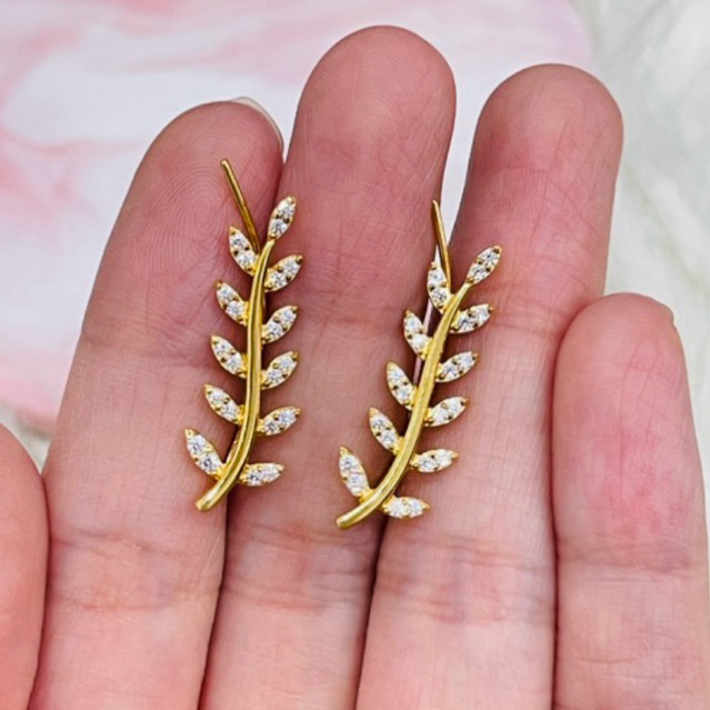 anting jepit motif daun permata elegant emas asli kadar 875