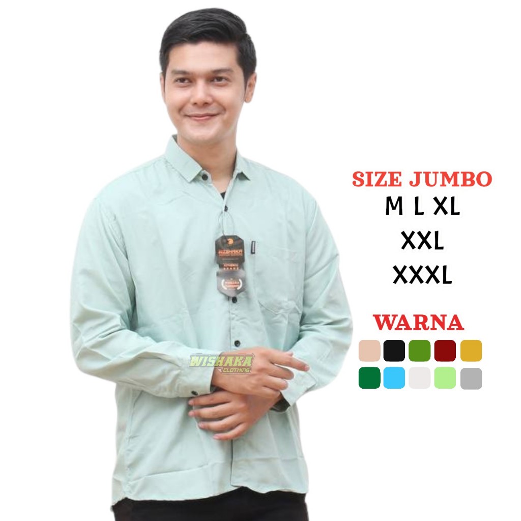 WISHAKA Kemeja Pria Lengan Panjang Polos Katun Sage Toska Hijau Mint XXL Jumbo Formal