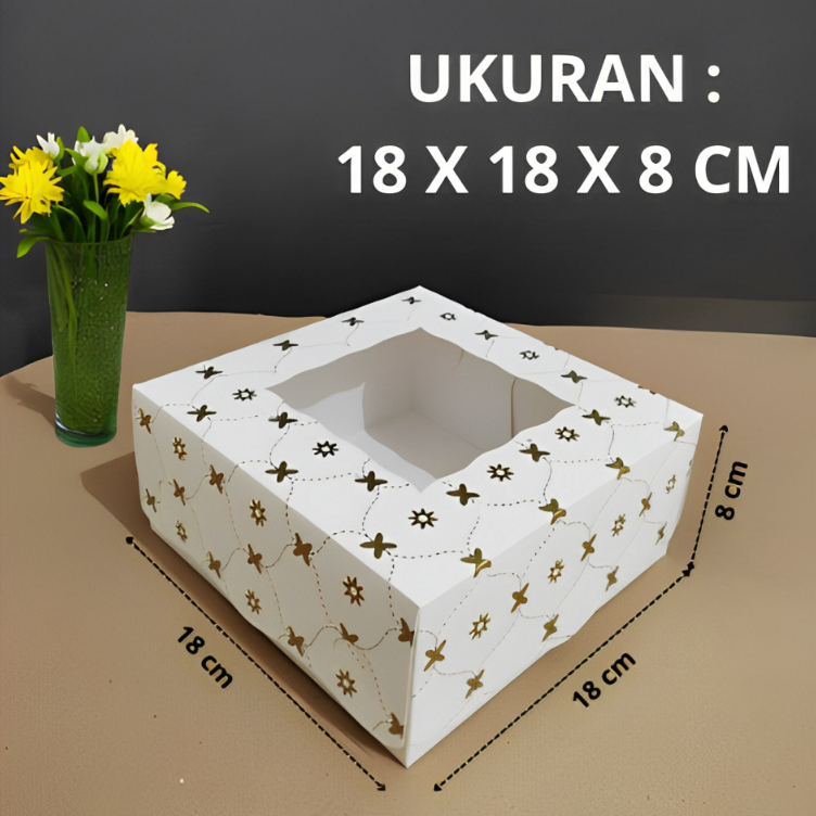 

(10 Pcs ) Box Dus Premium Kotak Kue Hampers Cake Roti Cookies 18 cm x 18 cm x 8 cm Batik emas Ivory