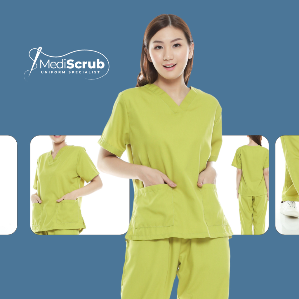 Baju OK / Baju Jaga dokter Wanita / Scrubs Lengan Pendek / Satu Set Baju Kerah V Neck dan Celana MED