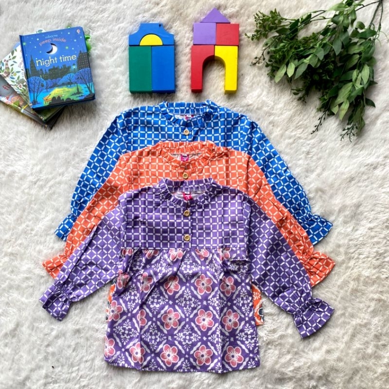 Esther Blouse Top Atasan Batik Anak Nelly Merah Biru Orens Ungu Sage Kombinasi Batik Kotak dan Bunga