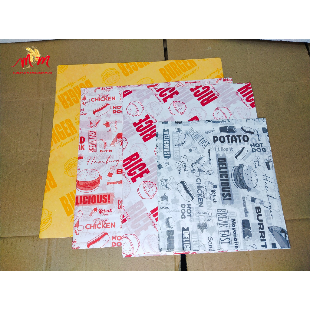 Kertas Nasi Motif / Kertas Burger /Kertas Pembungkus makanan Laminasi isi 100