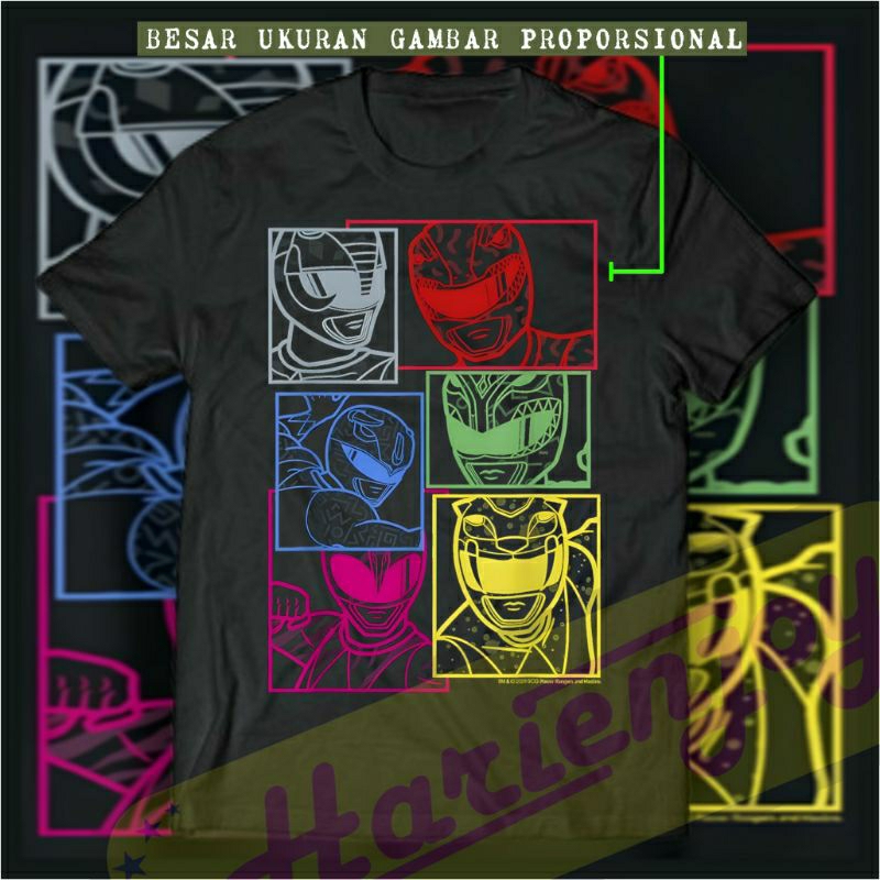 Kaos / T-Shirt Power Rangers Group Shot Color Silhouette Line Art Panels / Tag Merchons Apparel