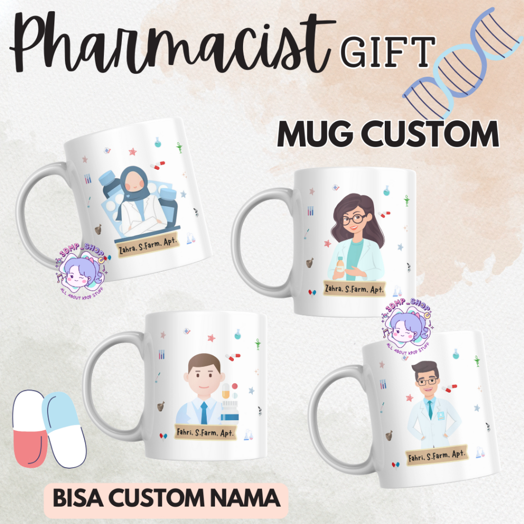 [MOHON TAMBAH BUBBLE WRAP]Mug Gelas Cangkir Request Gambar Tulisan APOTEKER pharmacist farmasi Gift 
