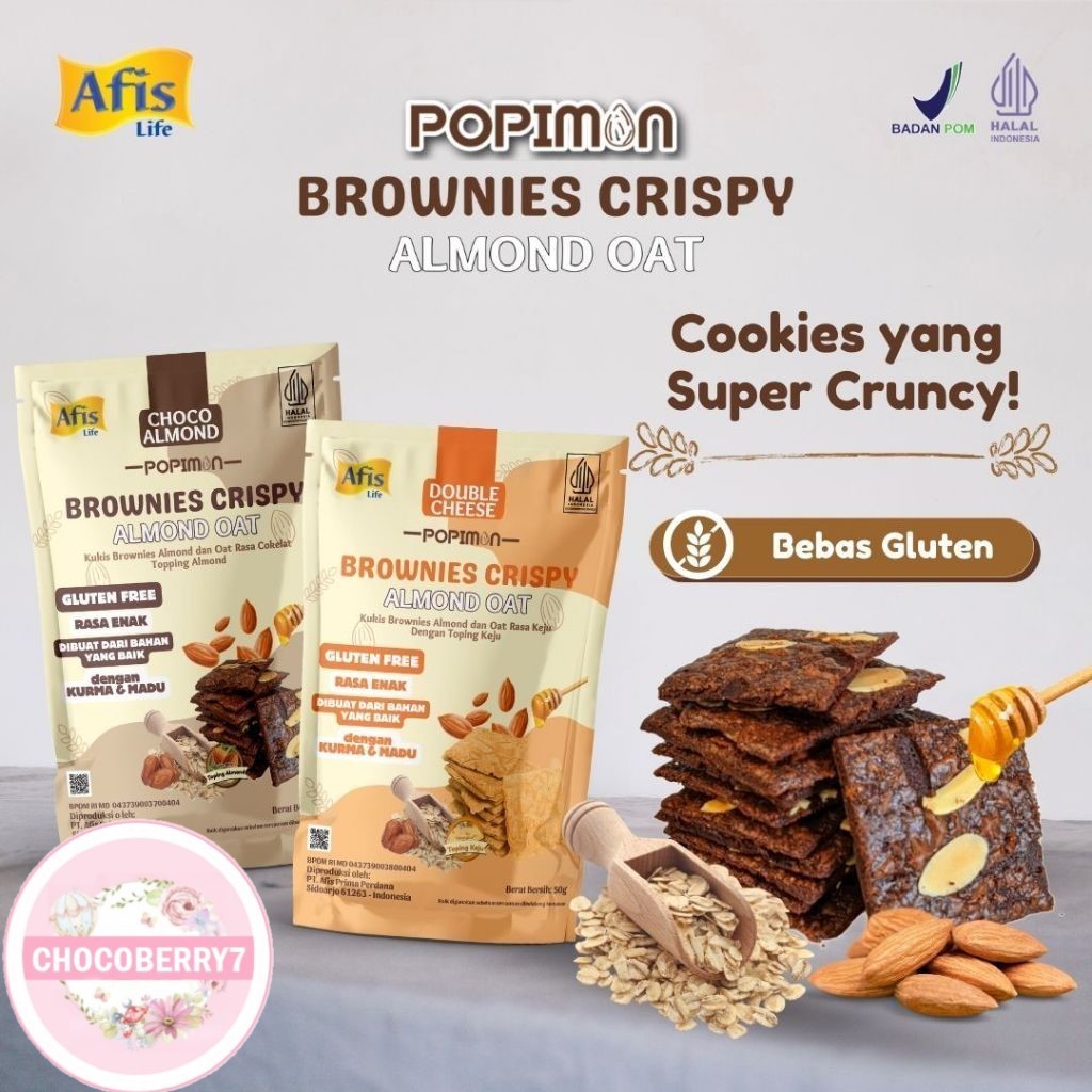 

AFIS Popimon Brownies Crispy Almond Oat 50gr Choco Almond Double Cheese Cemilan Sehat Cemilan Anak