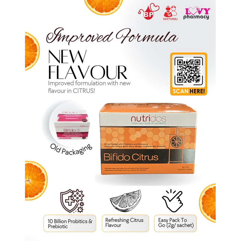 NEW NUTRIDOS Bifido Plus (30’s) - Probiotics + Prebiotics  (Citrus Flavour) BP Healthcare