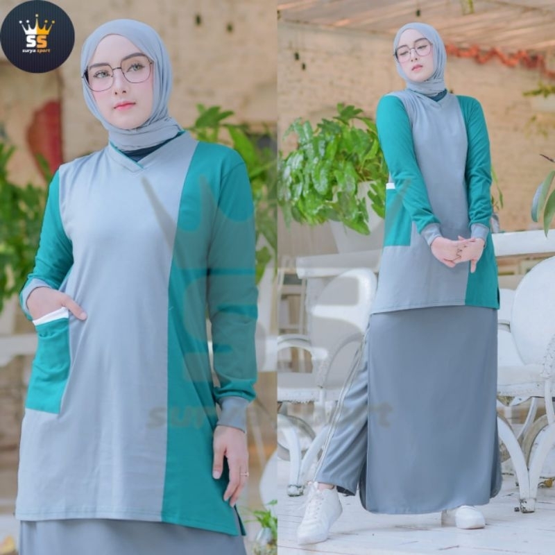 setelan olahraga rocela tunik muslimah/rok celana/seragam olahraga muslimah/blus olahraga muslim/ser