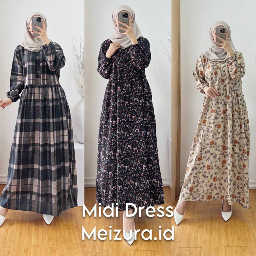 MIDI DRESS ZARA RAYON PREMIUM MOTIF BUNGA TERBARU KEKINIAN GAMIS ZR Terlaris Ld 110 Pb 125 Katun Flo