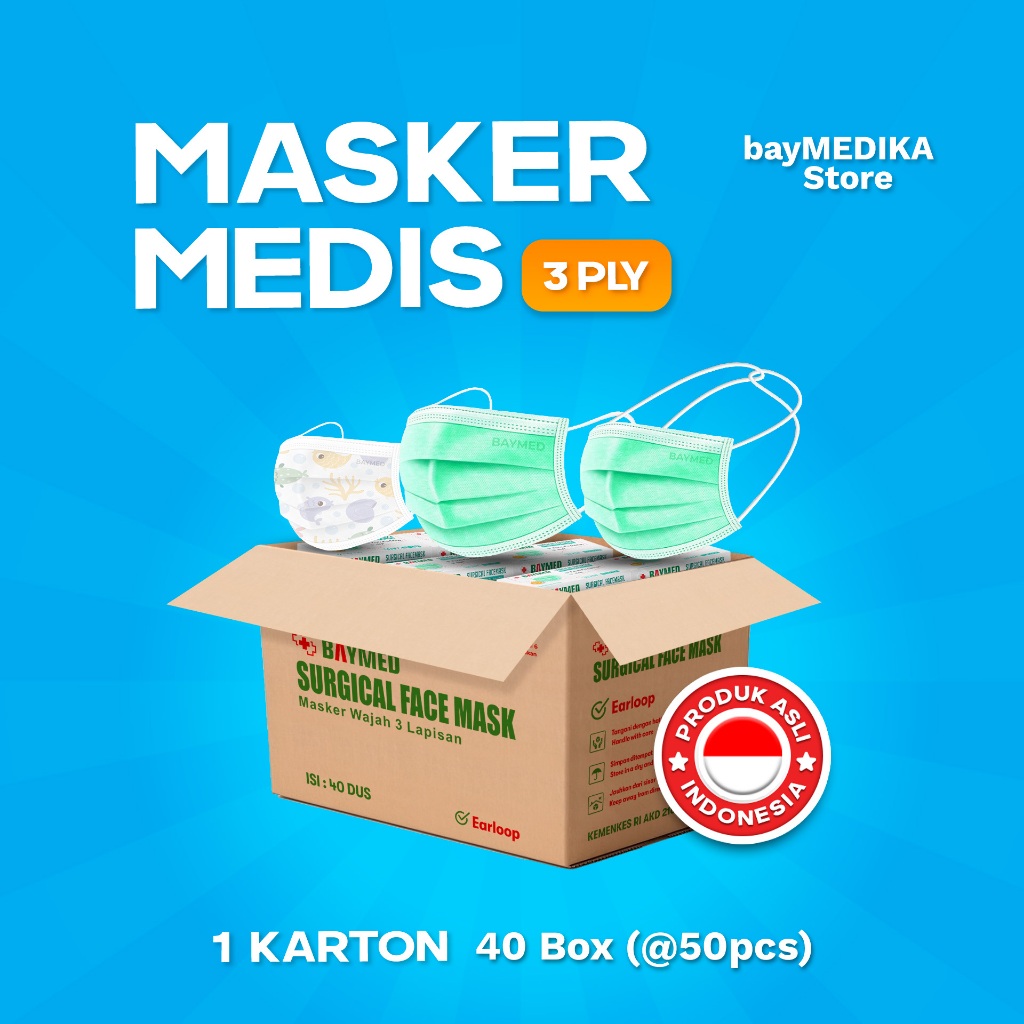 1 KARTON BAYMED Masker Medis Original Surgical Facemask Earloop / Hijab / Anak