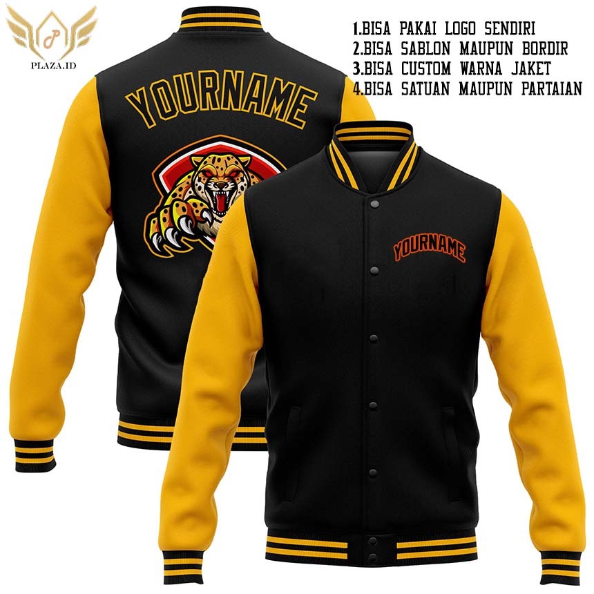 JAKET BOMBER VARSITY CUSTOM DEPAN BELAKANG.JAKET VARSITY CUSTOM S-6XL WARNA HITAM-KUNING
