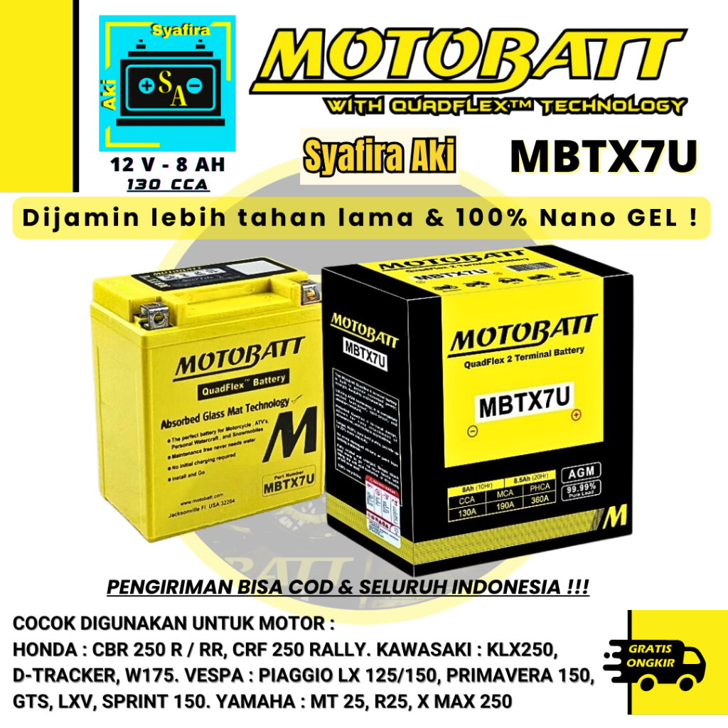 Aki Motor Untuk Kawasaki KLX 150/250 cc MOTOBATT MBTX7U AKI KERING 8Amper