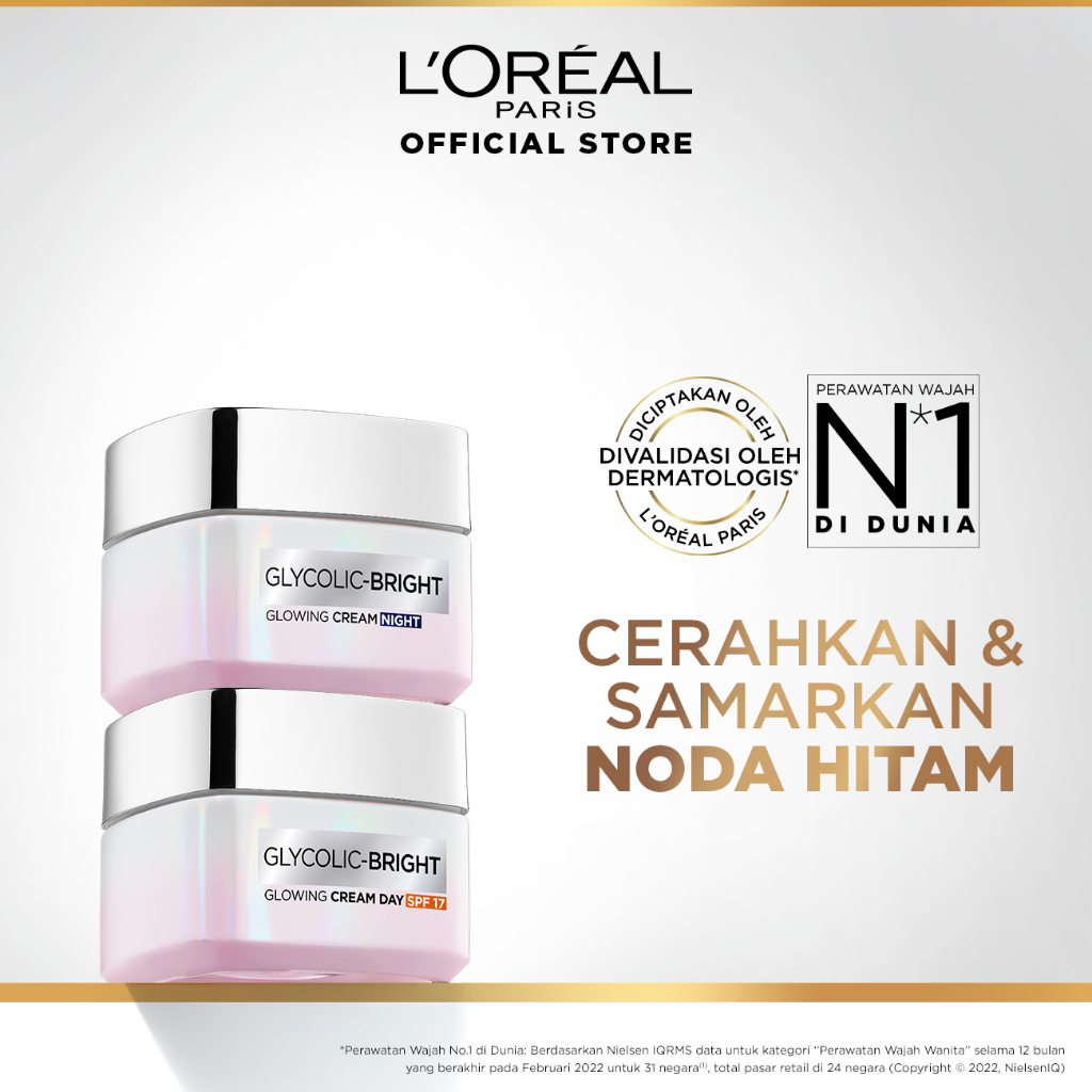 L'Oreal Paris Glycolic Bright Glowing Skincare Day Cream & Night Cream 15 ml Krim L'Oreal Untuk Menc