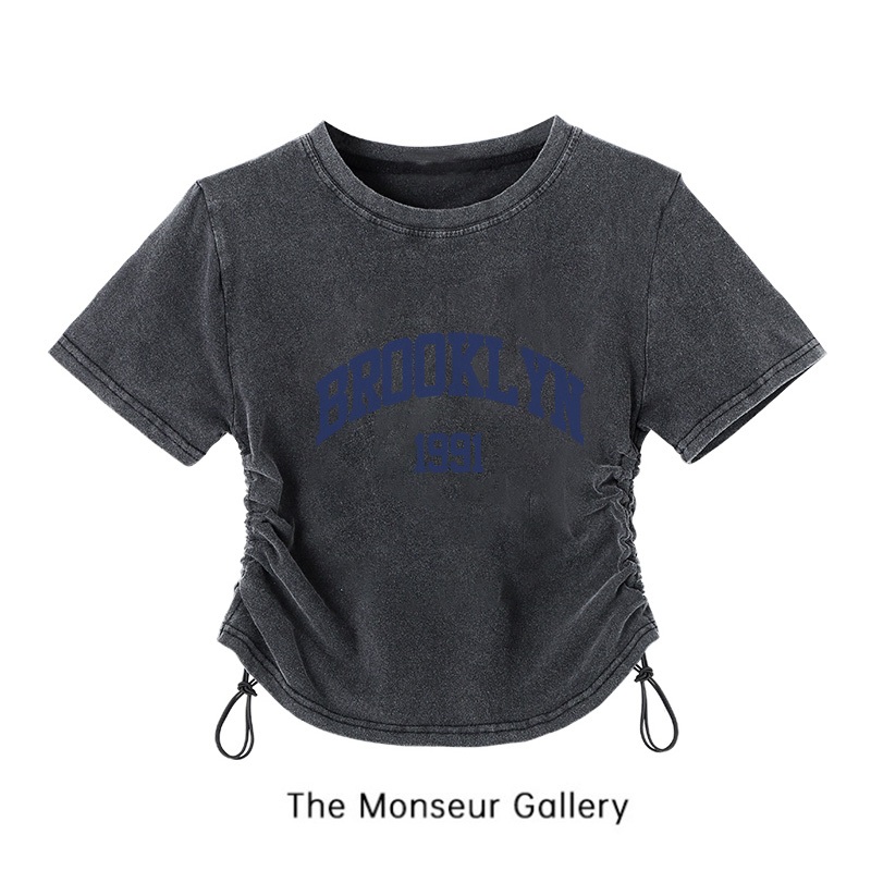 The Monseur Gallery Kaos Crop Korean Style RetroCetakan BROOKLYH 1991 Washed Hitam T-shirt Drawstrin