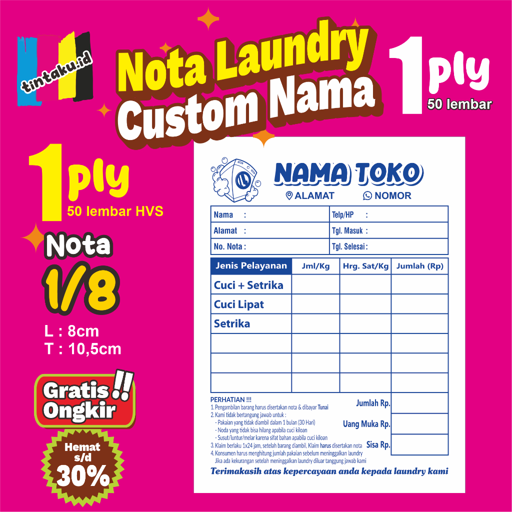 

NOTA CUSTOM NAMA HVS 1 PLY 70GSM (1/8 FOLIO - ISI 50 LEMBAR)