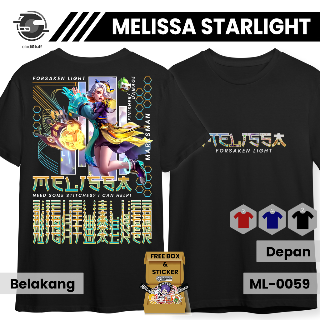Kaos MLBB MELISSA STARLIGHT Skin NIGHTWALKER Mobile Legends Lengan Pendek Hitam Combed 24s Distro