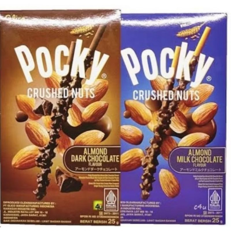 

Glico Pocky biskuit stick crushed nuts almond dark chocolate milk 25gr rasa kacang coklat susu choco cokelat