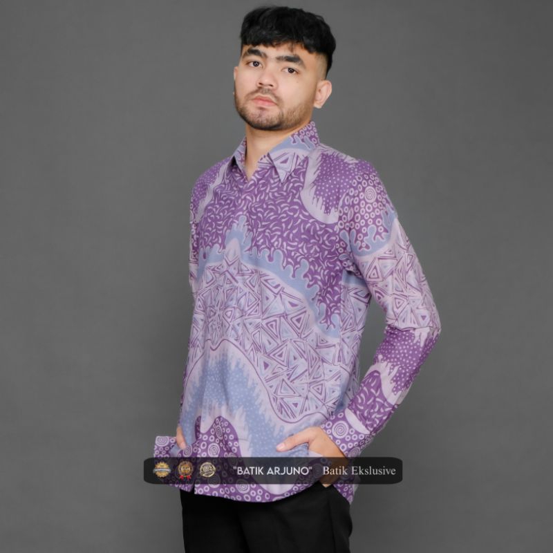 kemeja baju batik pria lapis furing lengan panjang katun Taro lilac