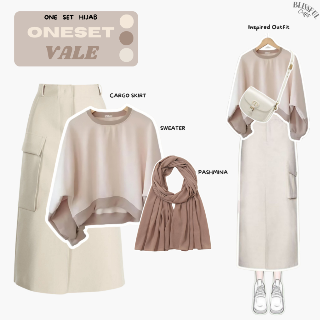 VALE Oneset Outfit Wanita / Sweater Crop / Rok Cargo / Pashmina Ceruty / OOTD Hijab