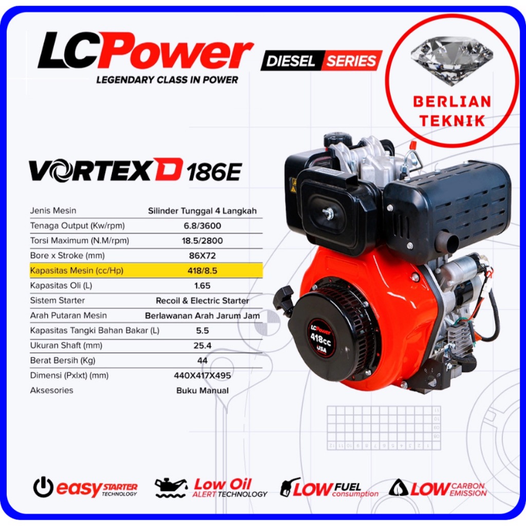 Mesin Penggerak Solar Engine Diesel Loncin LC Power Vortex D186E / D 186 E / 418 cc / 9.5 HP Starter