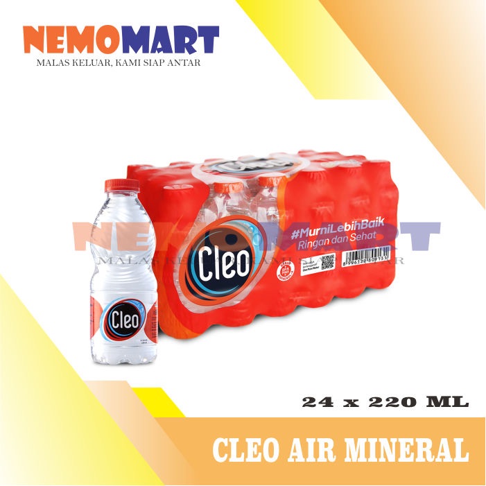 

CLEO AIR MINUM MURNI MINERAL WATER KEMASAN BOTOL PACK 220 ML ISI 24 BOTTLE PAK 220ML PACKAGE