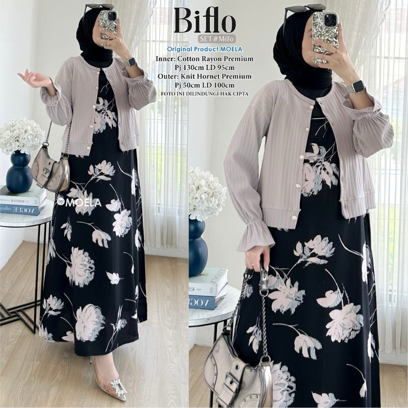 BIFLO SET INNER DRESS RAYON MOTIF MIX OUTER KNIT HORNET