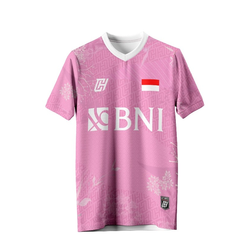 Jersey Baju Stelan Badminton Wanita Full Printing Motif Bunga Pink Custom Nama