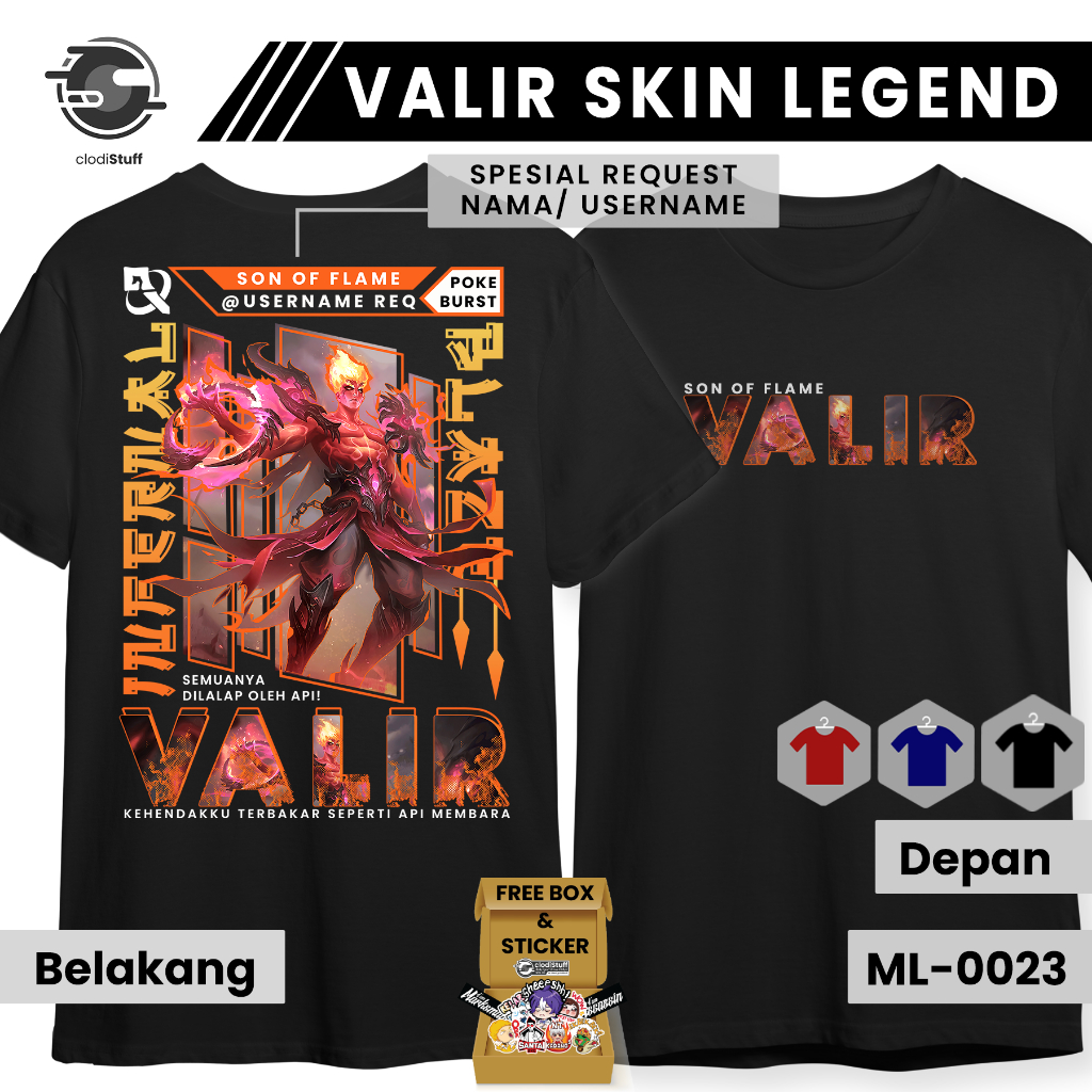 Kaos VALIR LEGEND SKIN INFERNAL BLAZE Mobile Legends MLBB Lengan Pendek Hitam Combed 24s Pria Wanita
