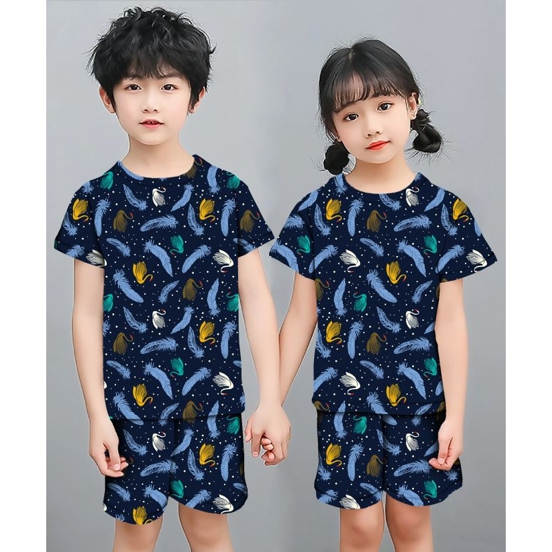 setelan celana pendek anak full printing bulu angsa