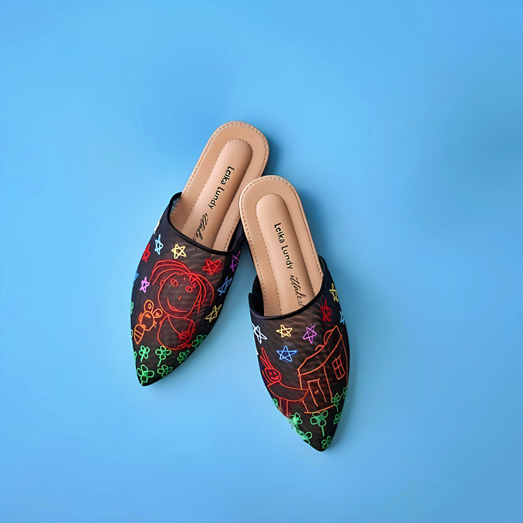 Ittaherl x Leika Lundy Starry Night - Mules Flat Slip On Bordir, Size 39