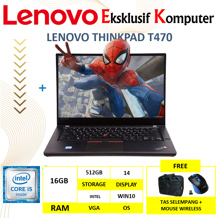 Laptop Kerja Lenovo Thinkpad T470 Intel Core i5 Vpro RAM 16GB SSD 512GB 14" Windows 10 - Black