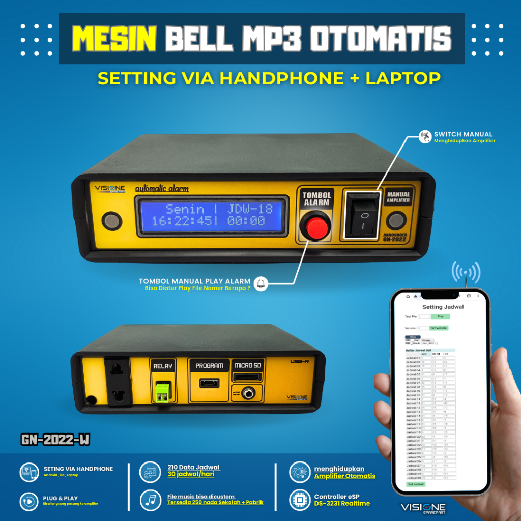 BEL SEKOLAH otomatis BEL KANTOR otomatis BEL PABRIK otomatis ALARM OTOMATIS seting via HP dan remote
