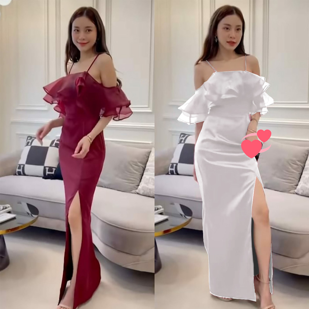 2299 Long Dress Pesta Bridesmaid Imlek Chinese New Year Merah Putih Mewah - Gaun Panjang Offshoulder
