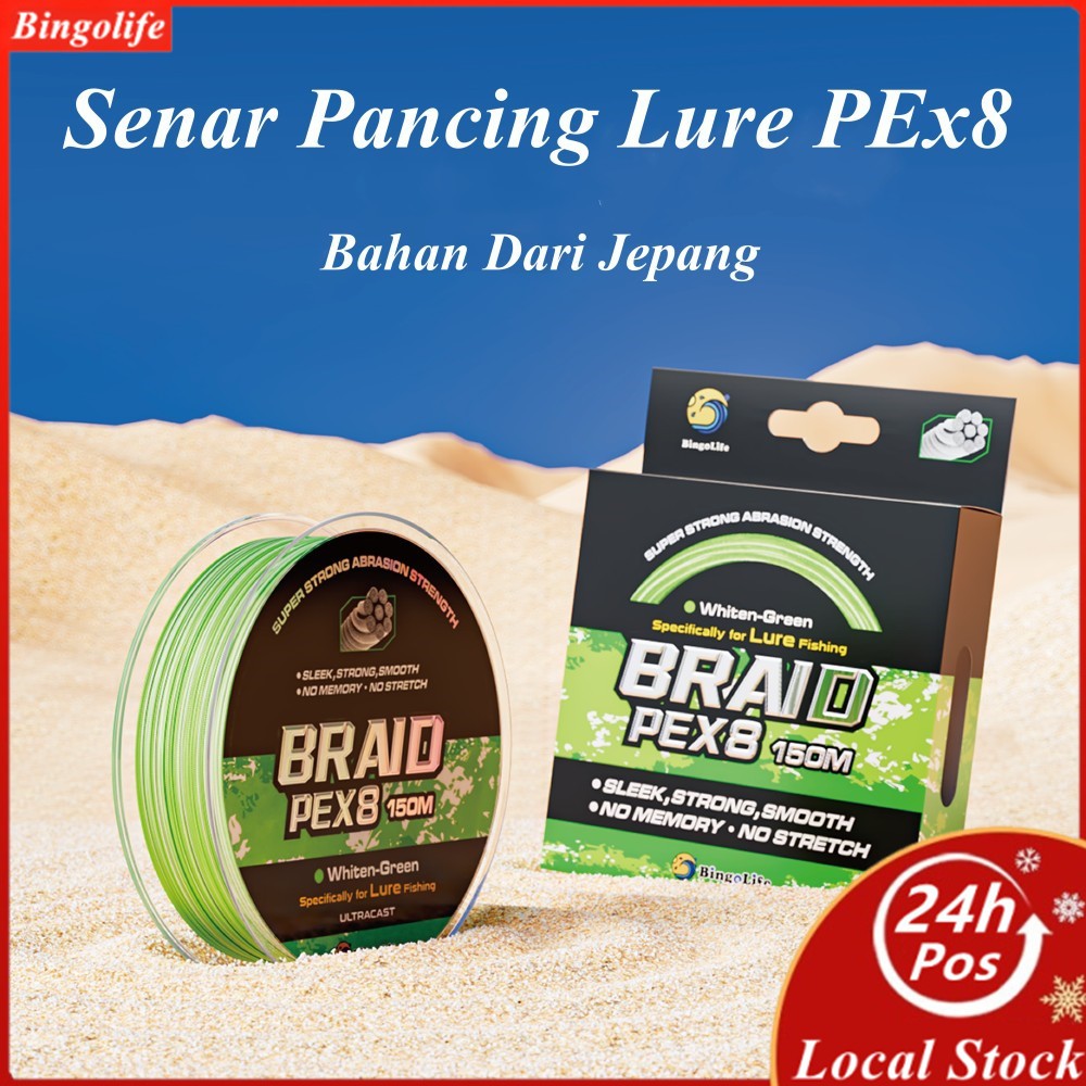 Bingolife Senar Pancing PE X8 Lure Fishing Line 150m Hijau Pucat Kuat Anti Keriting Benang Pancing C