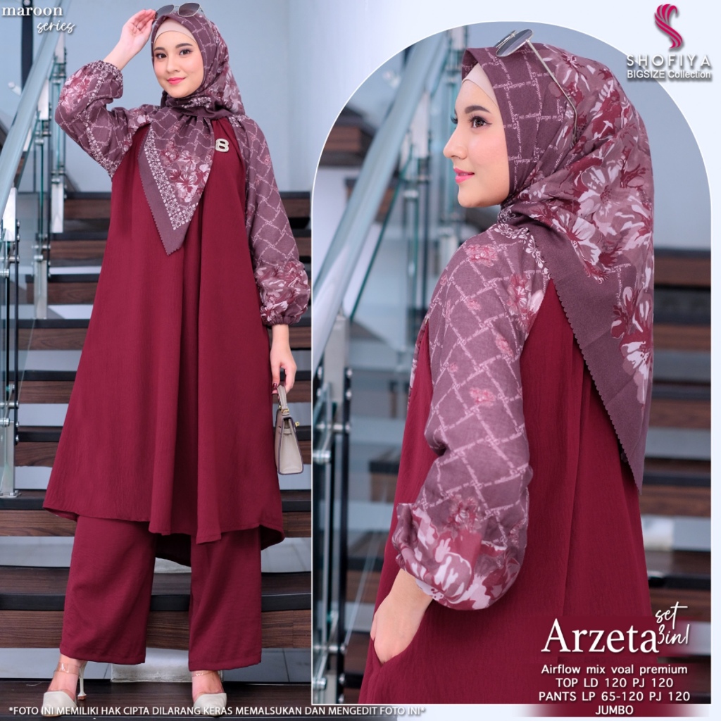 arzeta one set 3in1 setelan stelan 1set setcel baju atasan tunik tunic hijab celana kulot wanita cew