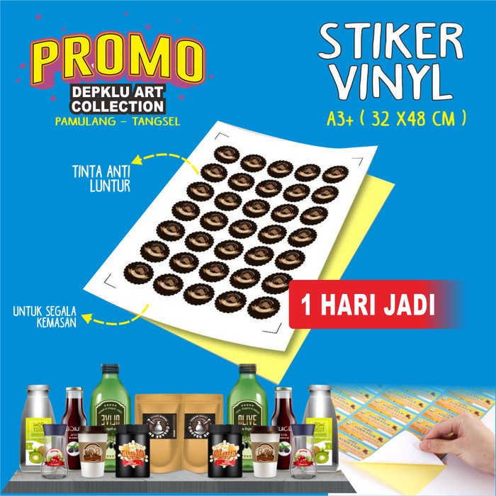Cetak sticker / stiker Vinyl A3+ print Label vinil glossy doff dan transparan