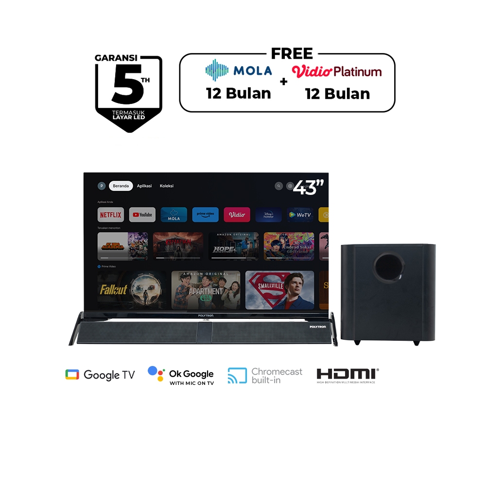 POLYTRON SMART TV 43INCH POLYTRON PLD 43BG9058 GOOGLE TV POLYTRON 43INCH WITH SPEAKER SMART GOOGLE T