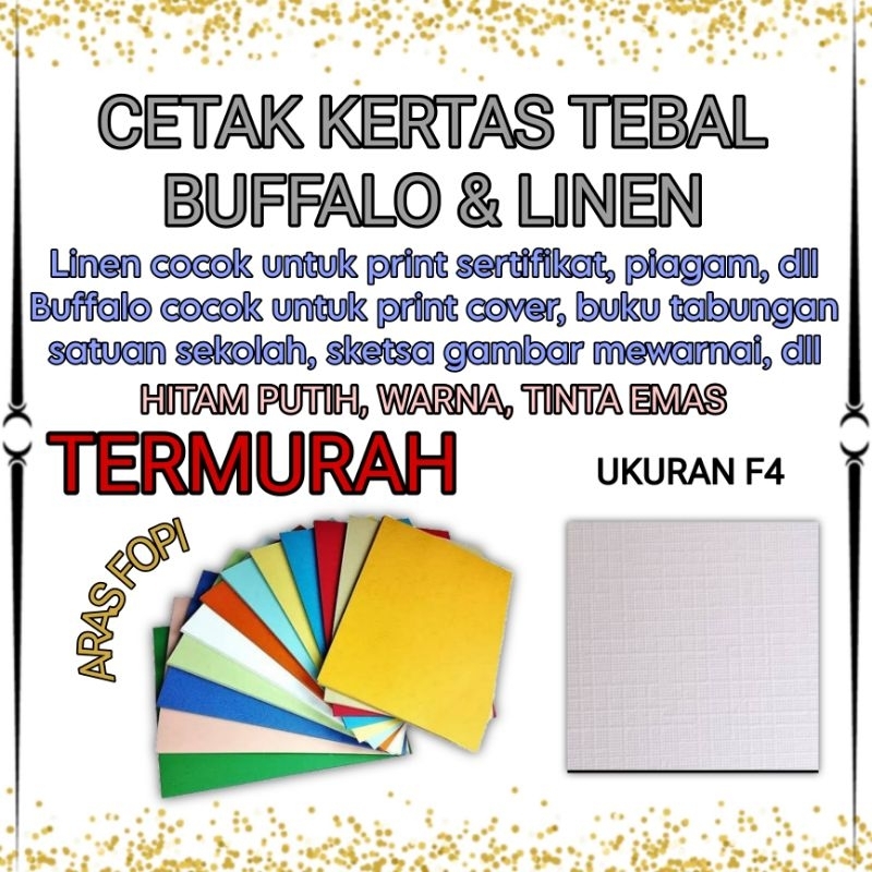 

[READY] JASA CETAK PRINT KERTAS TEBAL BUFFALO LINEN F4 CETAK SERTIFIKAT PIAGAM COVER BUKU TABUNGAN SEKOLAH SKETSA GAMBAR MEWARNAI UNDANGAN TERMURAH