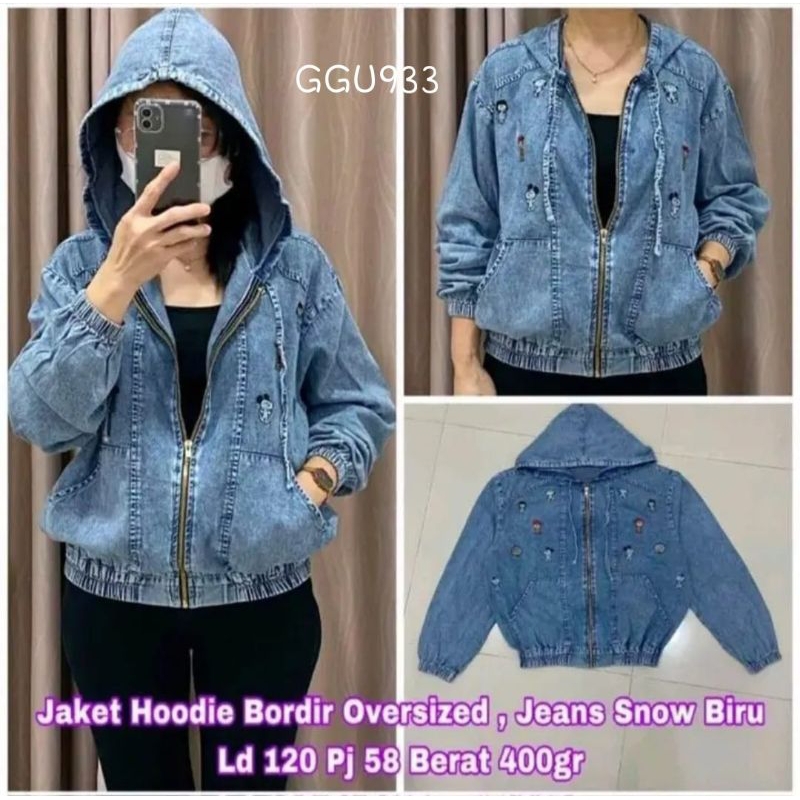 GGU933 Jaket Wanita Jeans Denim jumbo LD120 full resleting ada hoodie