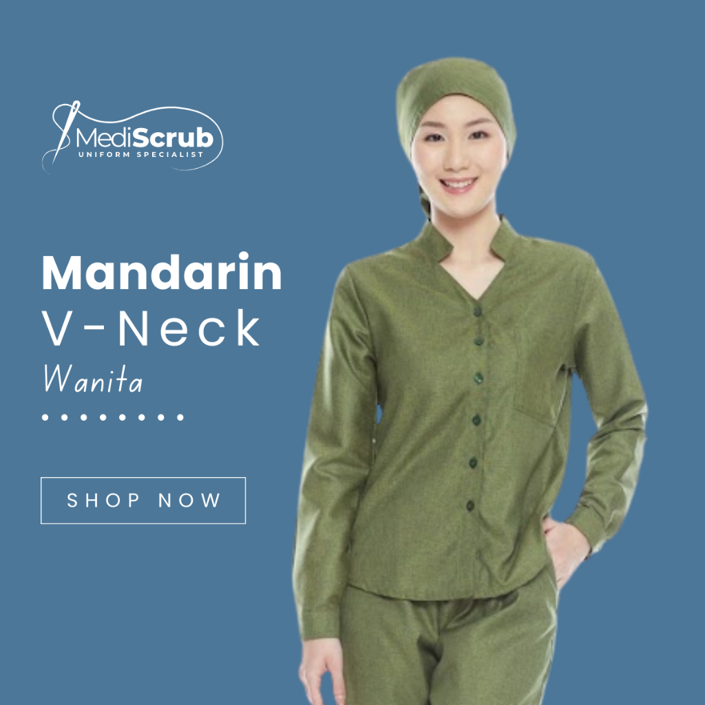 Mediscrub.id - Baju jaga Kerah Mandarin V-Neck WANITA Lengan panjang / Baju Kerja Wanita