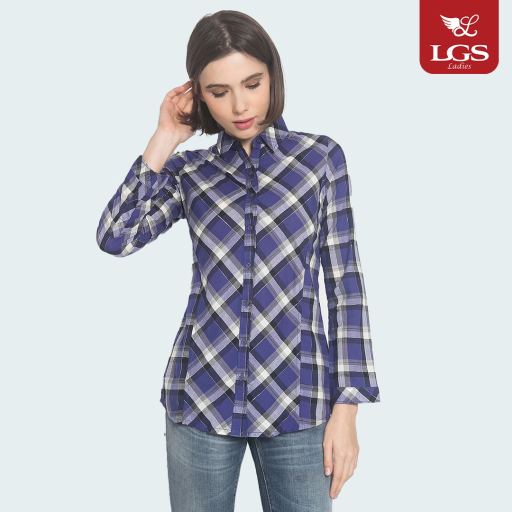 LGS Ladies - Kemeja Wanita - Kemeja Kotak Wanita - Atasan Motif Kotak - Atasan Wanita -  Ungu - Slim